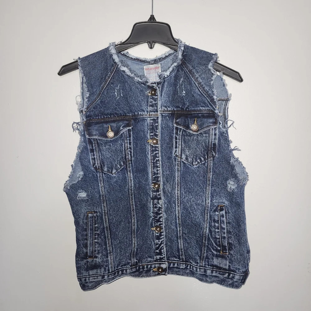 Wrangler women's distressed denim vest size XL blue western girl concert